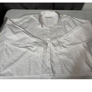 Rebecca Minkoff White Stud Button Down Blouse L Cropped Chic NWOT